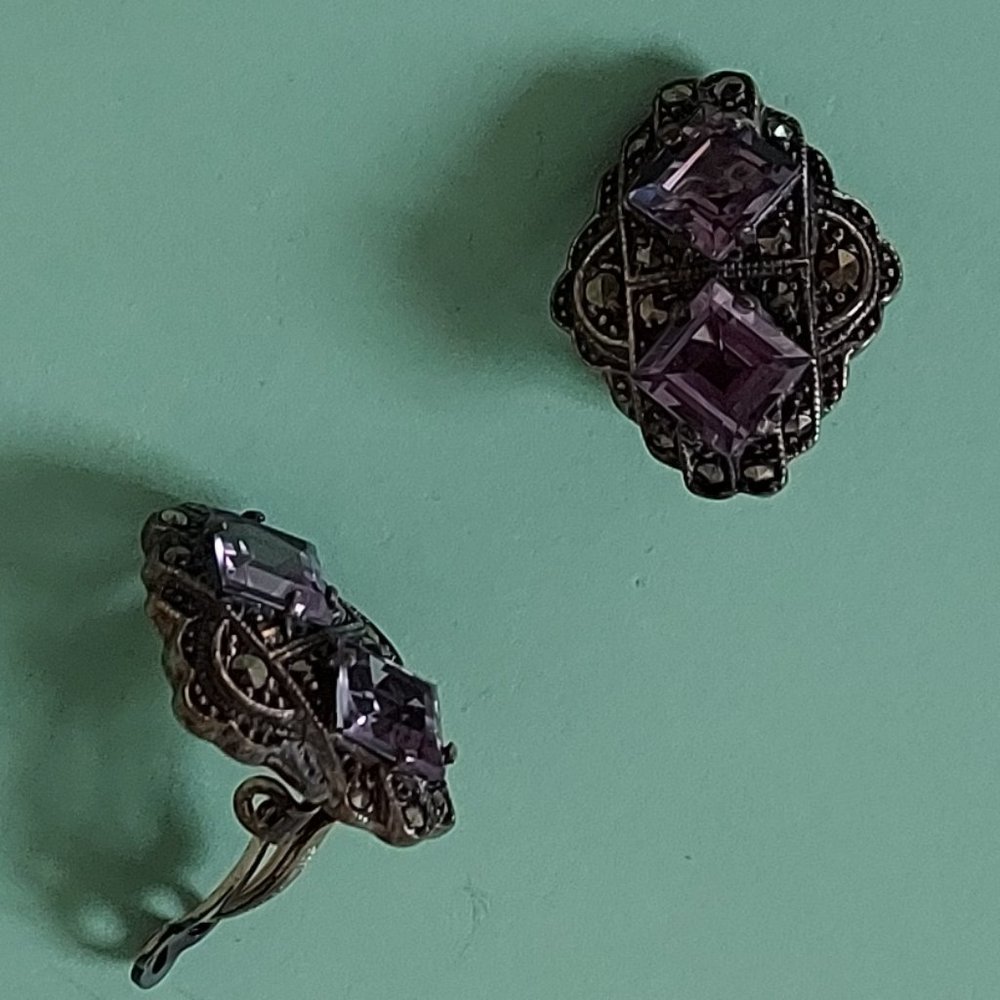 Marcasite with purple gems, clip back earrings